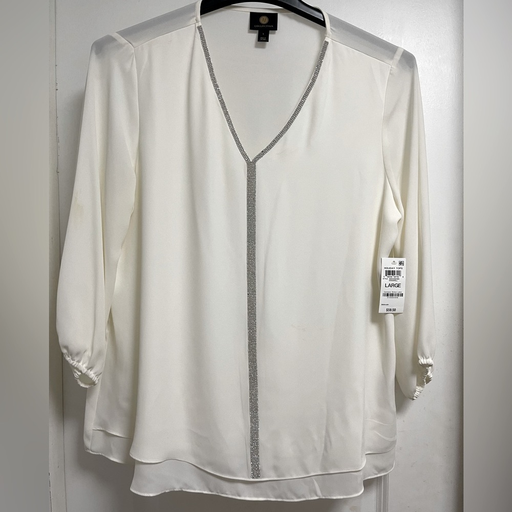 JM Collection Women's Jeweled Tiered Hem Blouse Size is Large